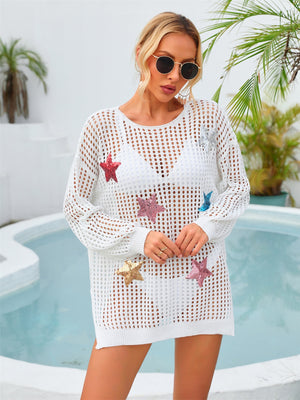 Sequin Star Round Neck Long Sleeve Cover Up - Sydney So Sweet