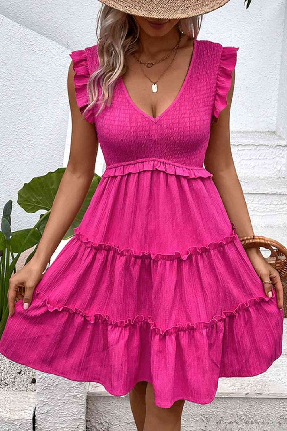 Smocked Frill Trim Deep V Dress - Sydney So Sweet