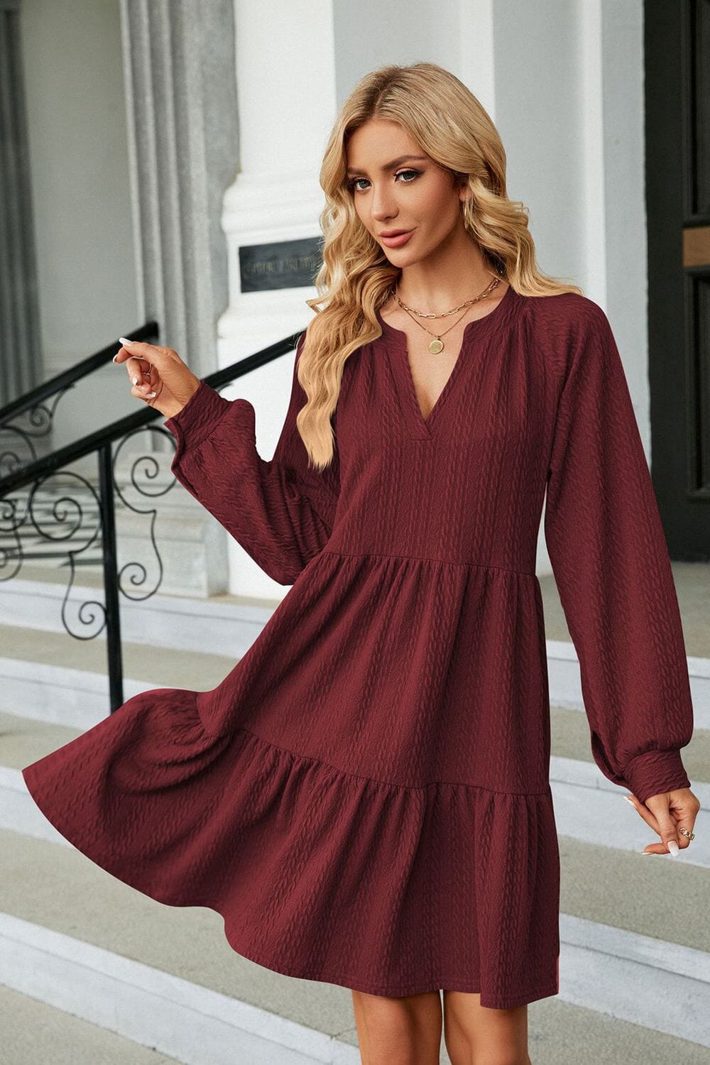 Notched Neck Long Sleeve Mini Dress - Sydney So Sweet