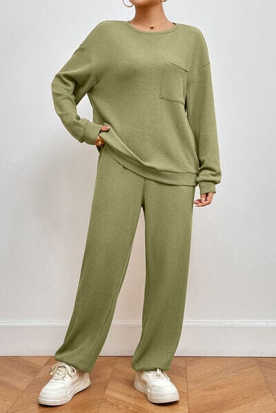 Pocketed Round Neck Top and Pants Lounge Set - Sydney So Sweet