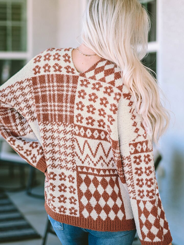 Pattern Block Brown and Cream V-Neck Long Sleeve Sweater - Sydney So Sweet