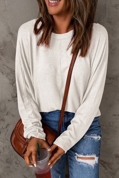 Double Take Full Size Round Neck Long Sleeve Top - Sydney So Sweet