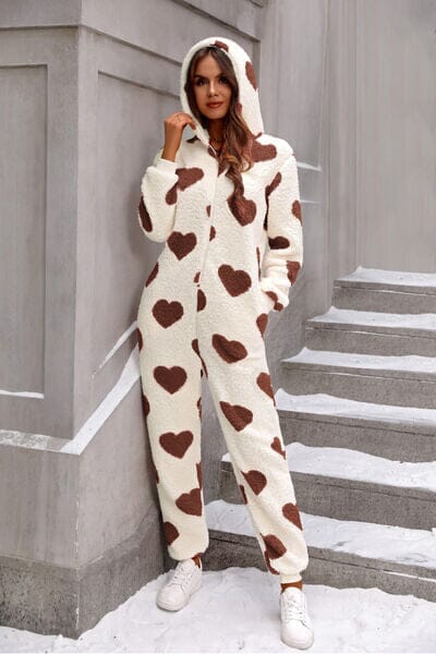 Fuzzy Heart Zip Up Hooded Lounge Jumpsuit - Sydney So Sweet