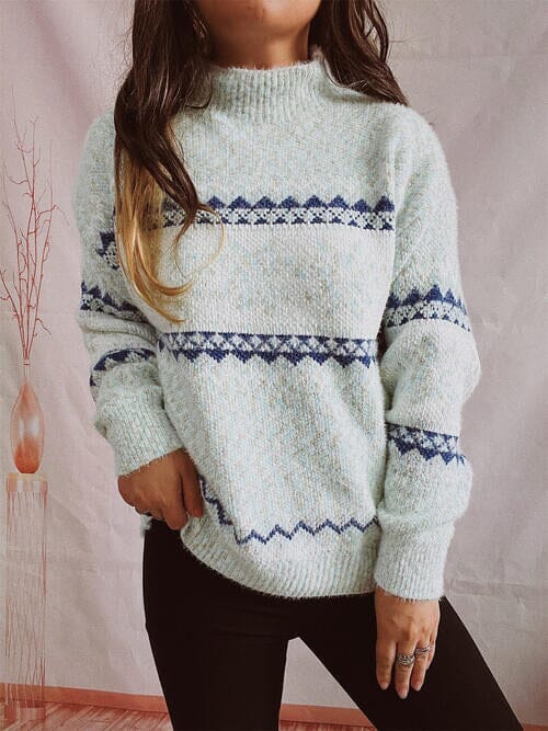 Geometric Mock Neck Dropped Shoulder Sweater - Sydney So Sweet