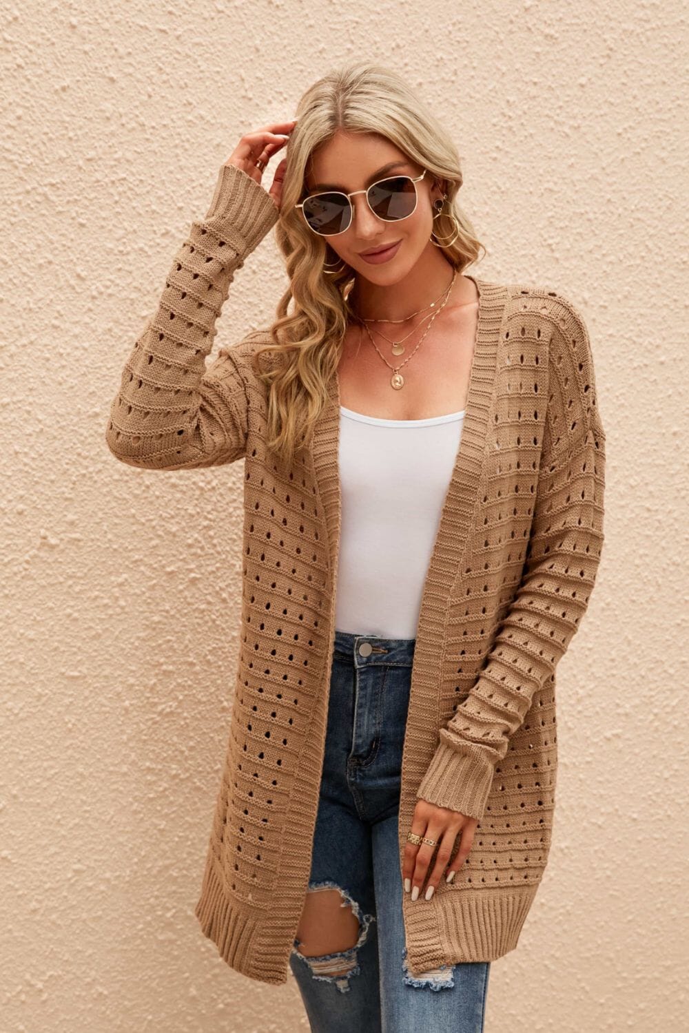 Openwork Horizontal Ribbing Open Front Cardigan - Sydney So Sweet