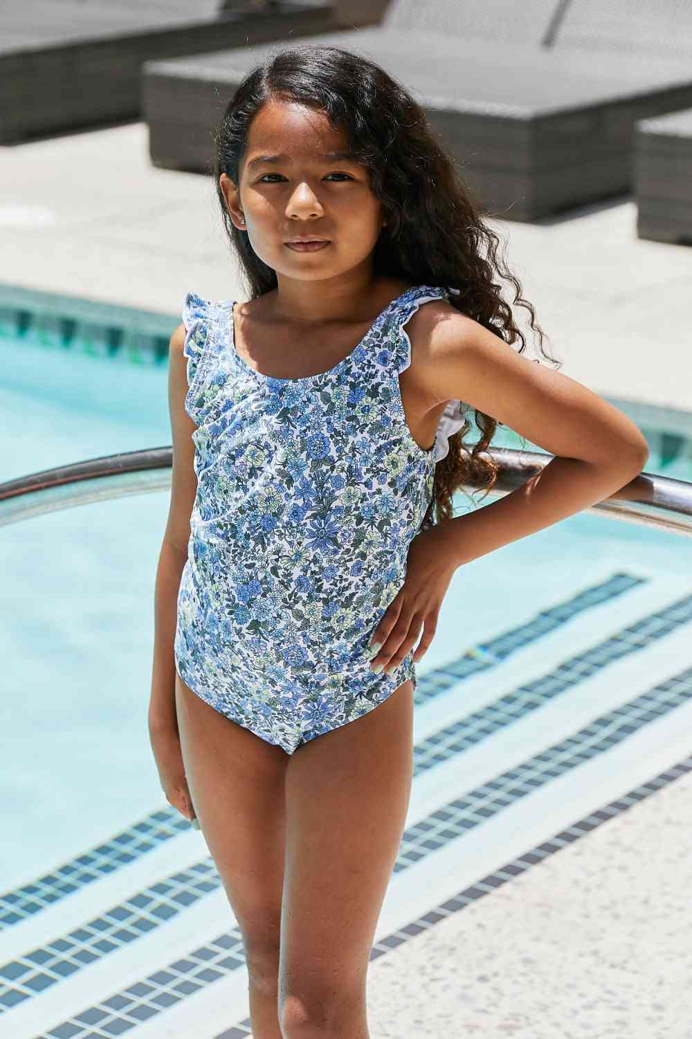 Salty Air Round Neck Girls One-Piece Swimsuit in Blue Floral / 18M