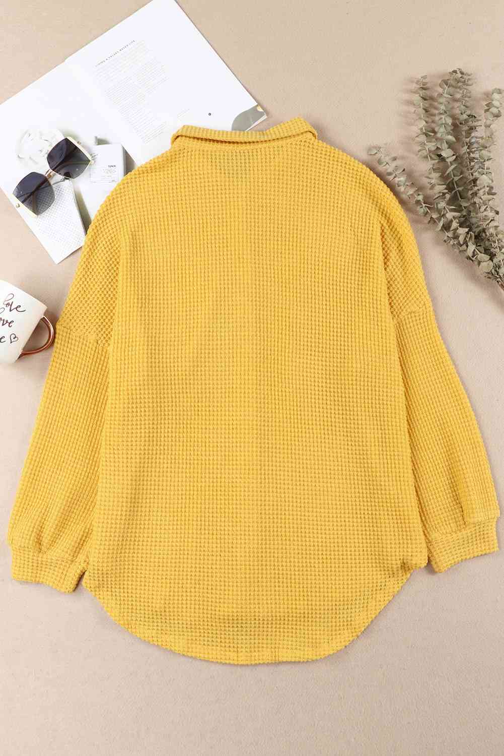 Waffle-Knit Button Up Long Sleeve Shirt with Pocket - Sydney So Sweet