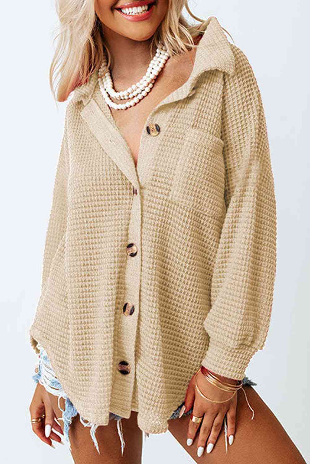 Waffle-Knit Button Up Long Sleeve Shirt with Pocket - Sydney So Sweet