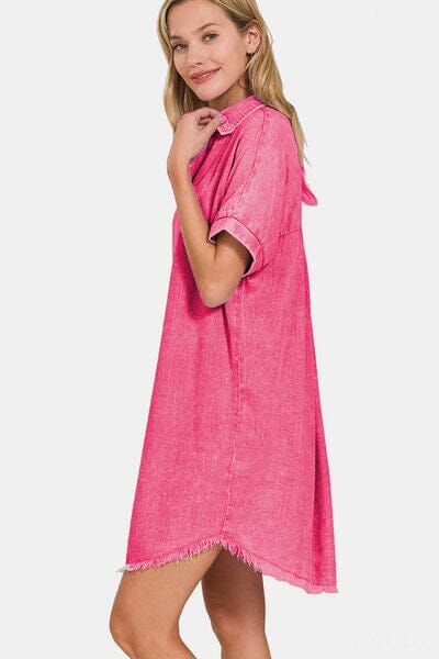 Zenana Washed Linen V-Neck Raw Hem Dress - Sydney So Sweet