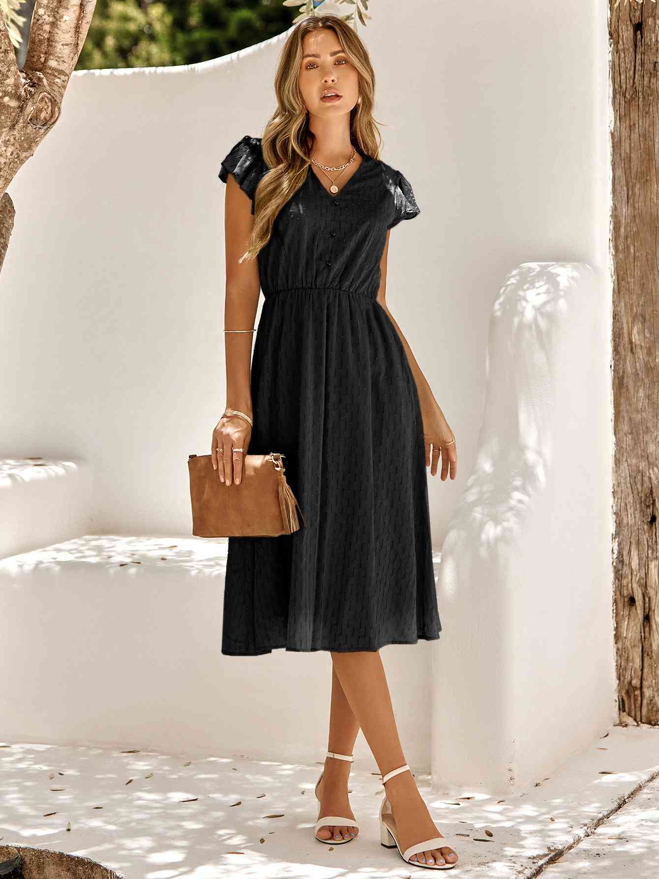 V-Neck Flutter Sleeve Midi Dress - Sydney So Sweet