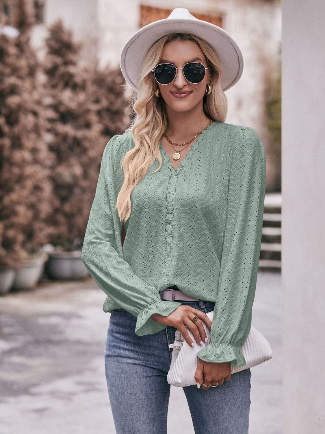 Eyelet V-Neck Flounce Sleeve Blouse - Sydney So Sweet