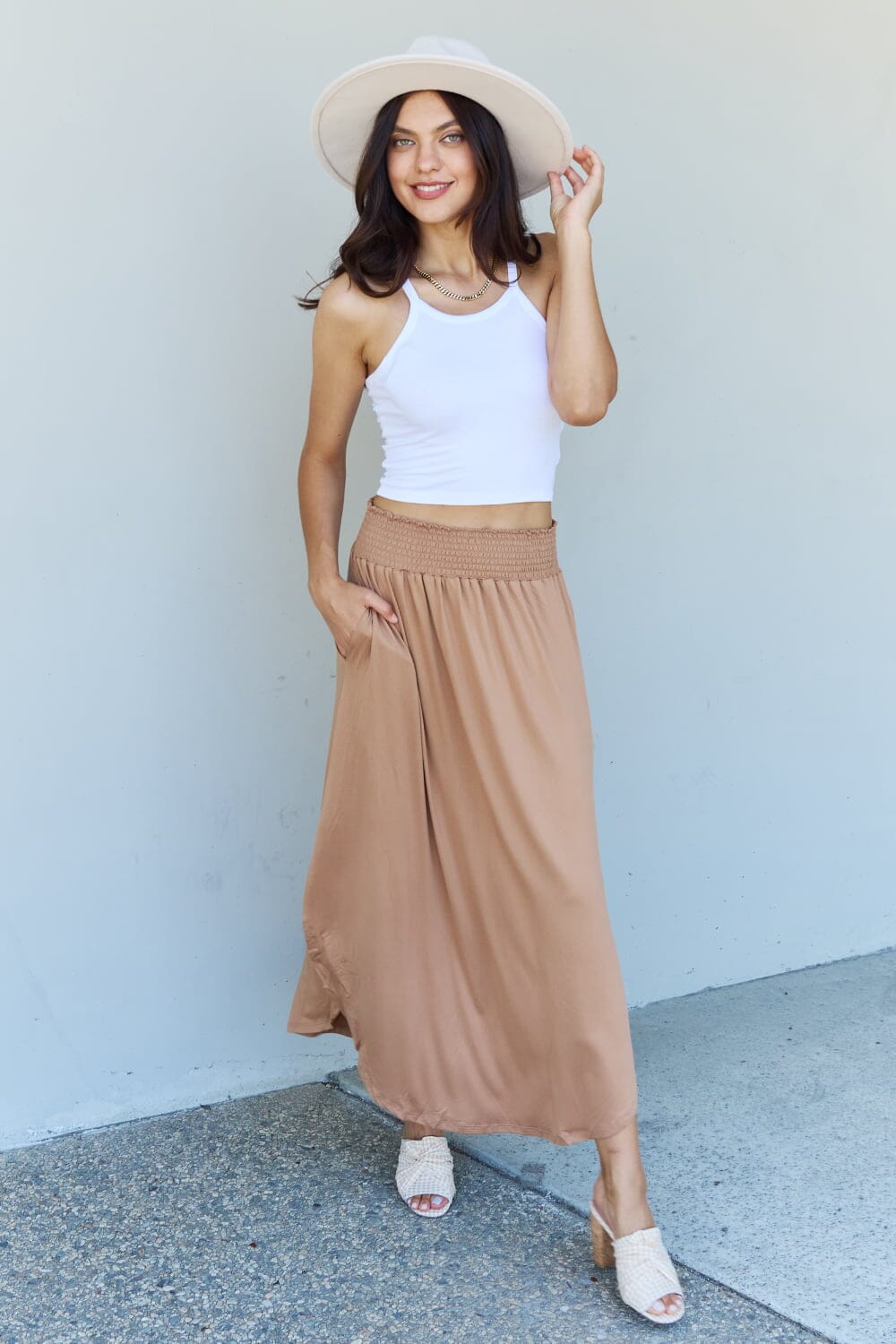 Full Size High Waist Scoop Hem Maxi Skirt in Tan - Sydney So Sweet