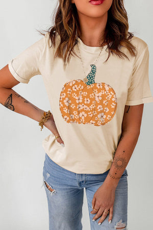 Floral Pumpkin Graphic Cuffed Sleeve T-Shirt - Sydney So Sweet