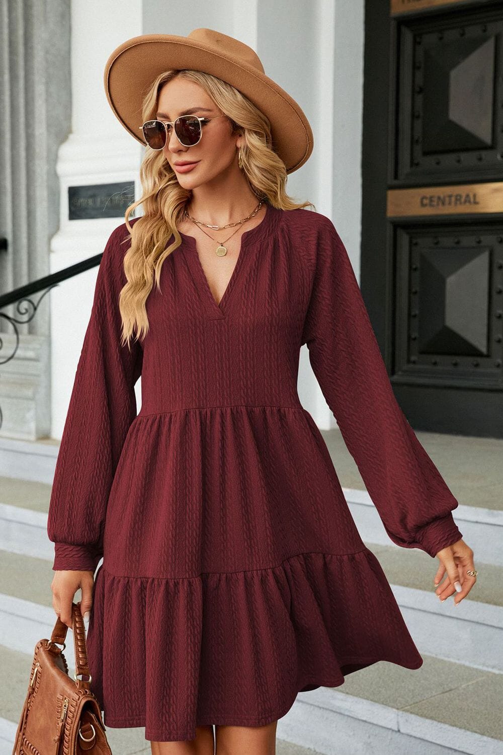 Notched Neck Long Sleeve Mini Dress - Sydney So Sweet