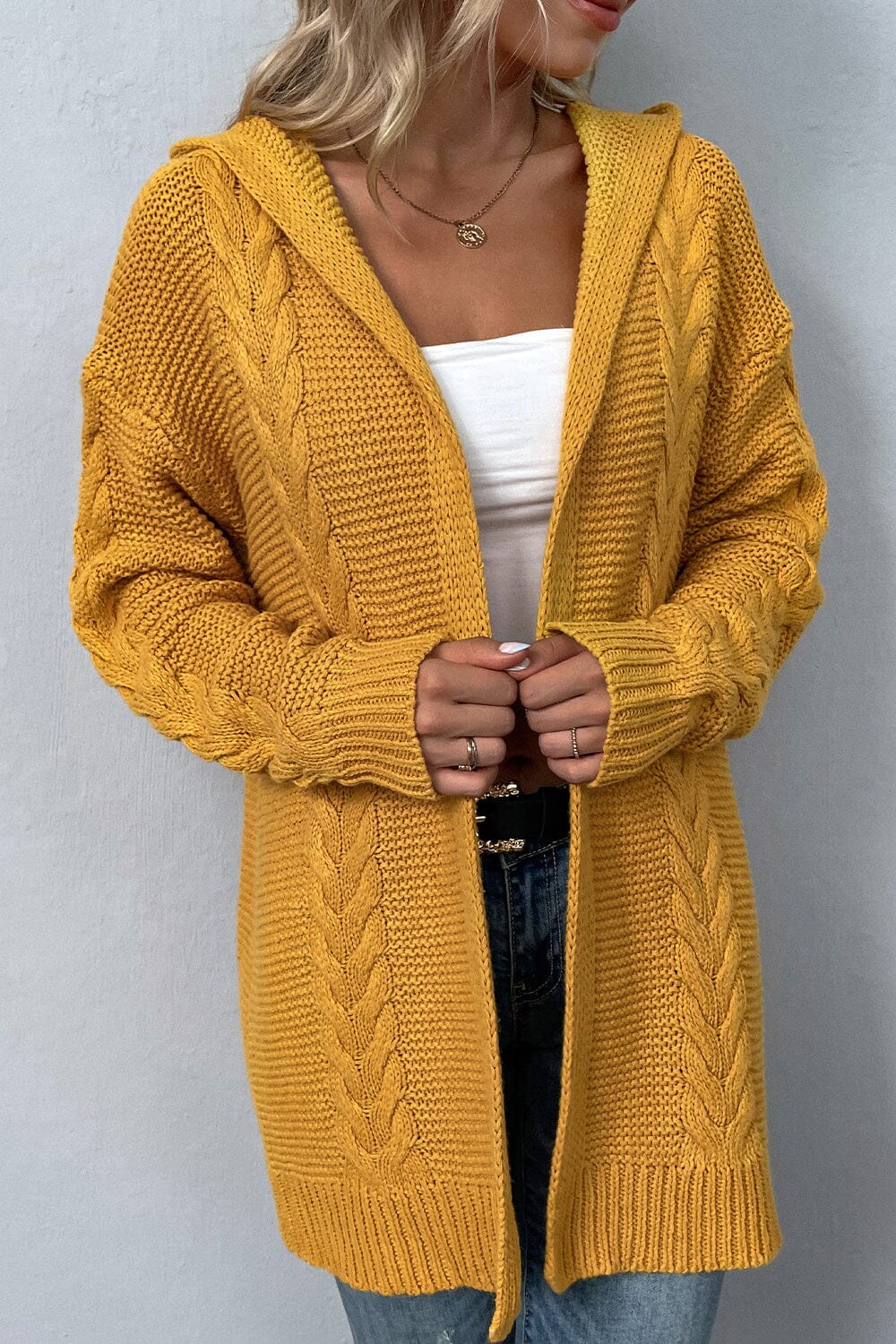 Cable-Knit Dropped Shoulder Hooded Cardigan - Sydney So Sweet