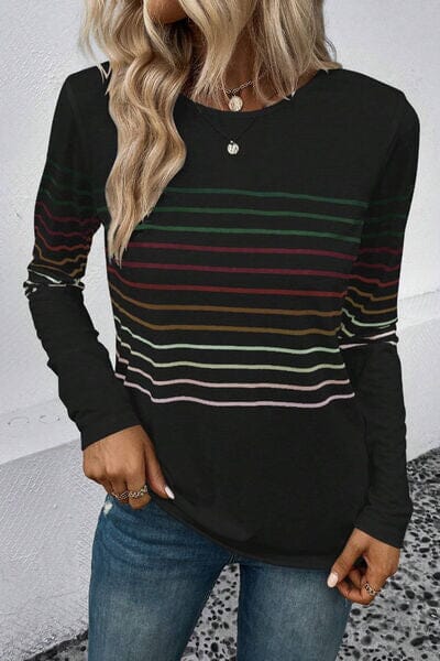 Striped Round Neck Long Sleeve Top - Sydney So Sweet