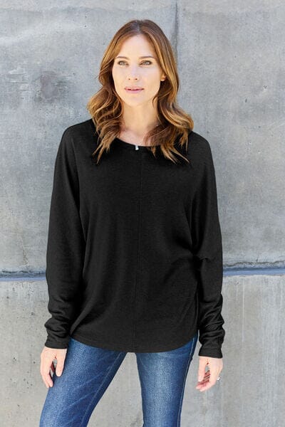 Double Take Full Size Round Neck Long Sleeve Top - Sydney So Sweet