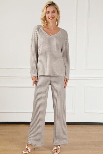 Ribbed V-Neck Top and Pocketed Pants Lounge Set - Sydney So Sweet