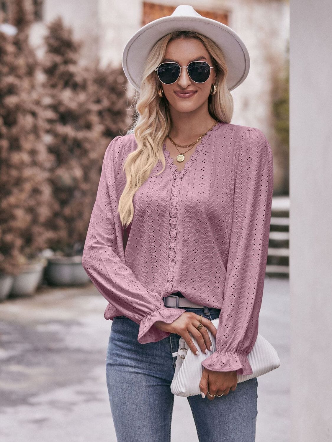 Eyelet V-Neck Flounce Sleeve Blouse - Sydney So Sweet