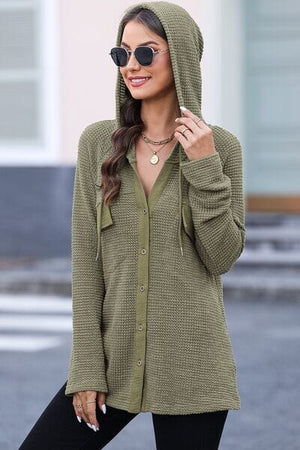 Waffle-Knit Button Up Drawstring Hoodie - Sydney So Sweet