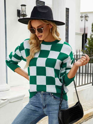 Green Checkered Round Neck Sweater - Sydney So Sweet