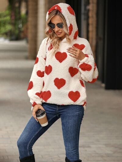 Fuzzy Heart Pocketed Dropped Shoulder Hoodie - Sydney So Sweet