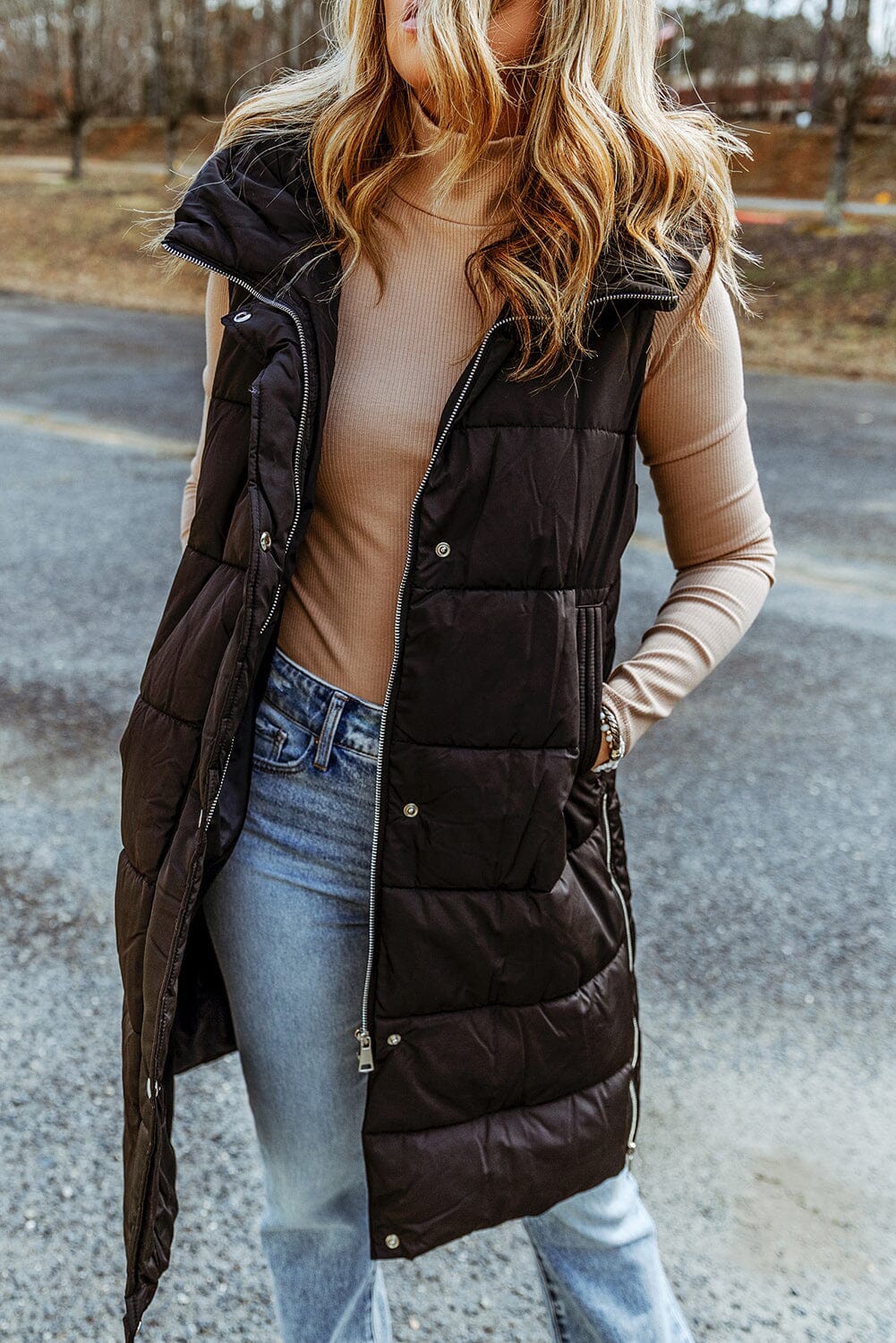 Longline Hooded Sleeveless Puffer Vest - Sydney So Sweet