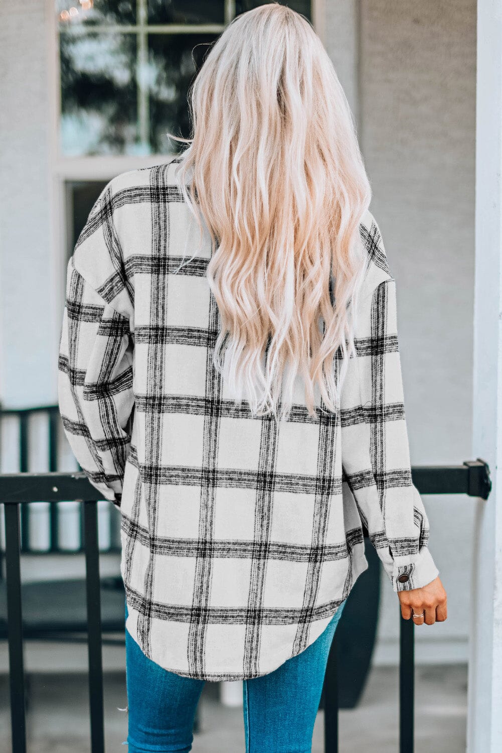 Plaid Curved Hem Dropped Shoulder Longline Shirt Jacket - Sydney So Sweet