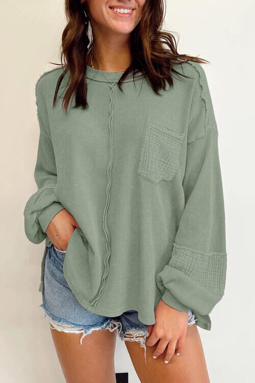 Waffle-Knit Exposed Seam Lantern Sleeve Blouse - Sydney So Sweet