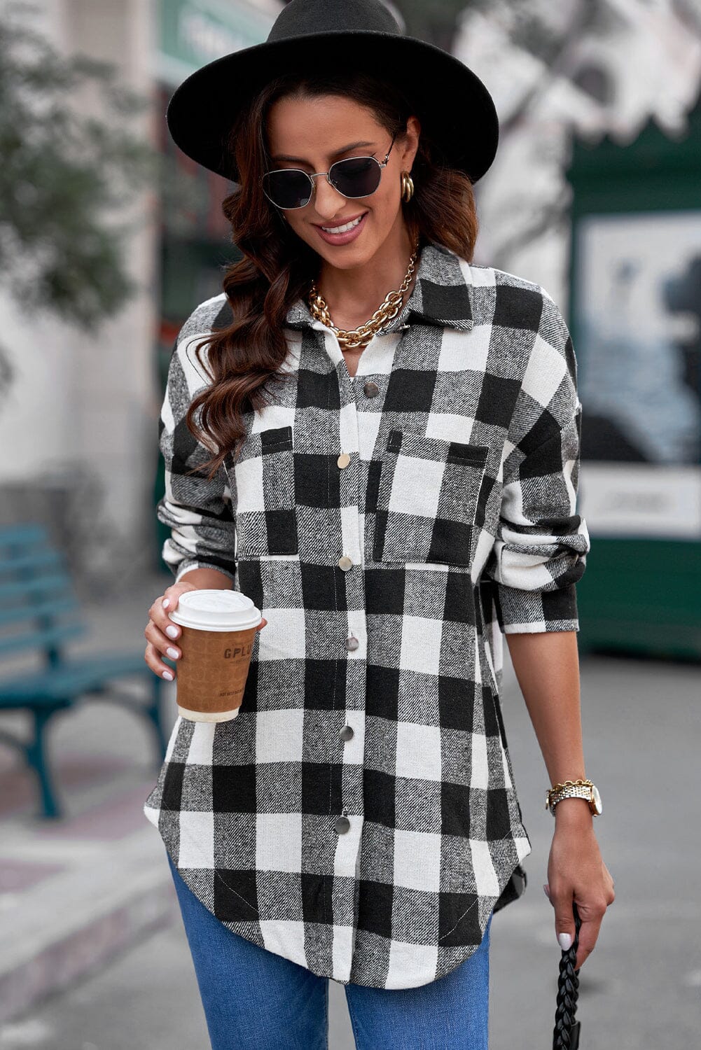 Plaid Curved Hem Dropped Shoulder Longline Shirt Jacket - Sydney So Sweet