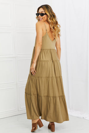 Zenana Full Size Spaghetti Strap Tiered Dress with Pockets in Khaki - Sydney So Sweet