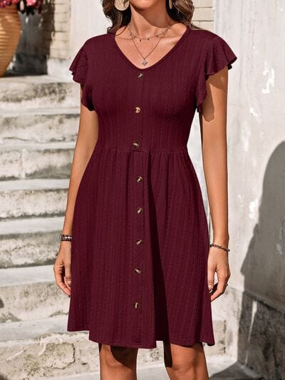 Decorative Button Ruffled V-Neck Dress - Sydney So Sweet