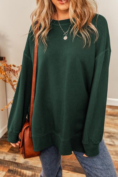 Round Neck Drop Shoulder Slit Sweatshirt - Sydney So Sweet