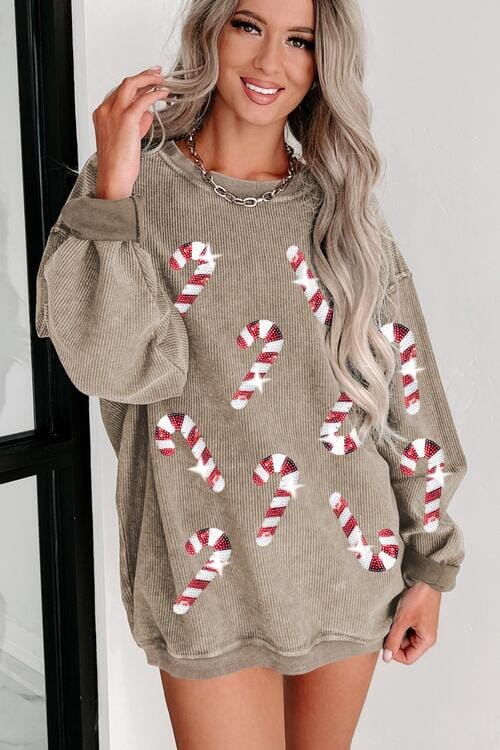 Sequin Candy Cane Round Neck Sweatshirt - Sydney So Sweet