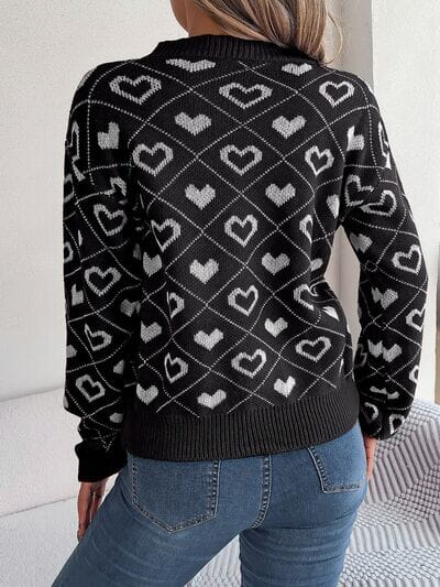 Heart Pattern V-Neck Long Sleeve Sweater - Sydney So Sweet