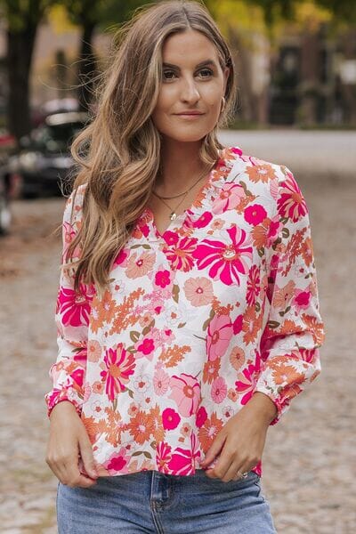 Floral V-Neck Frill Long Sleeve Blouse - Sydney So Sweet