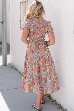 Floral Flounce Sleeve Round Neck Midi Dress - Sydney So Sweet