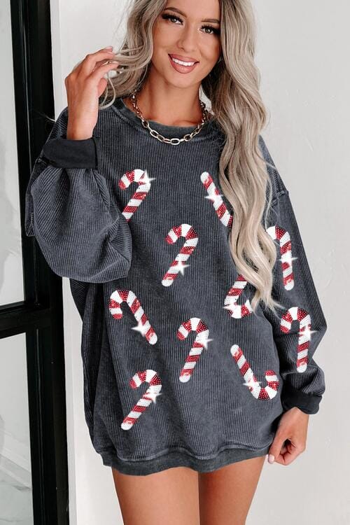 Sequin Candy Cane Round Neck Sweatshirt - Sydney So Sweet