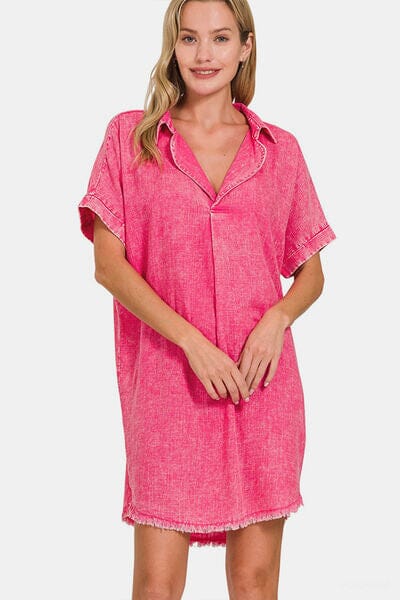 Zenana Washed Linen V-Neck Raw Hem Dress - Sydney So Sweet