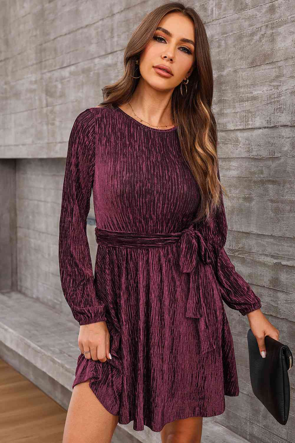 Round Neck Tie Front Long Sleeve Dress - Sydney So Sweet