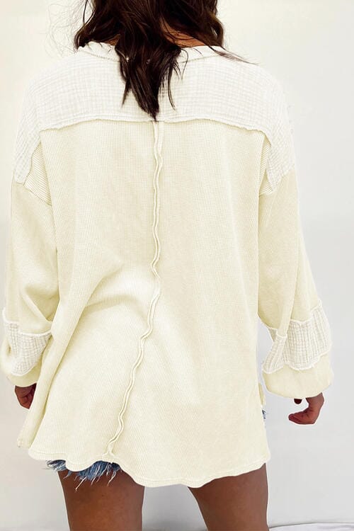 Waffle-Knit Exposed Seam Lantern Sleeve Blouse - Sydney So Sweet