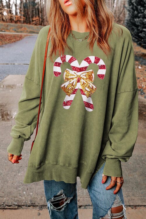 Sequin Candy Cane Round Neck Slit Sweatshirt - Sydney So Sweet