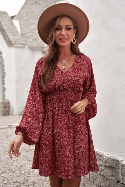 Smocked V-Neck Balloon Sleeve Dress - Sydney So Sweet