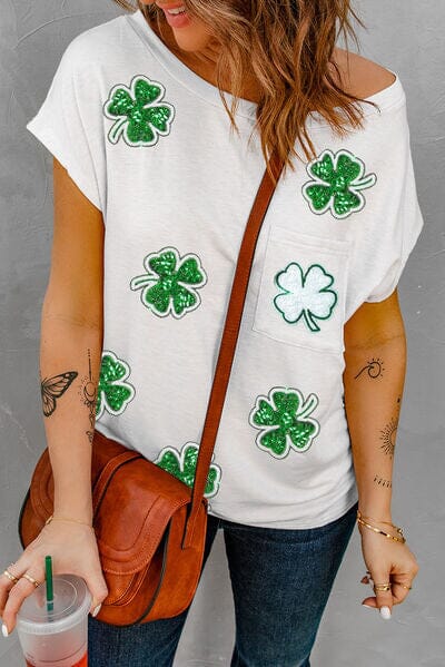 Sequin Lucky Clover Boat Neck T-Shirt - Sydney So Sweet