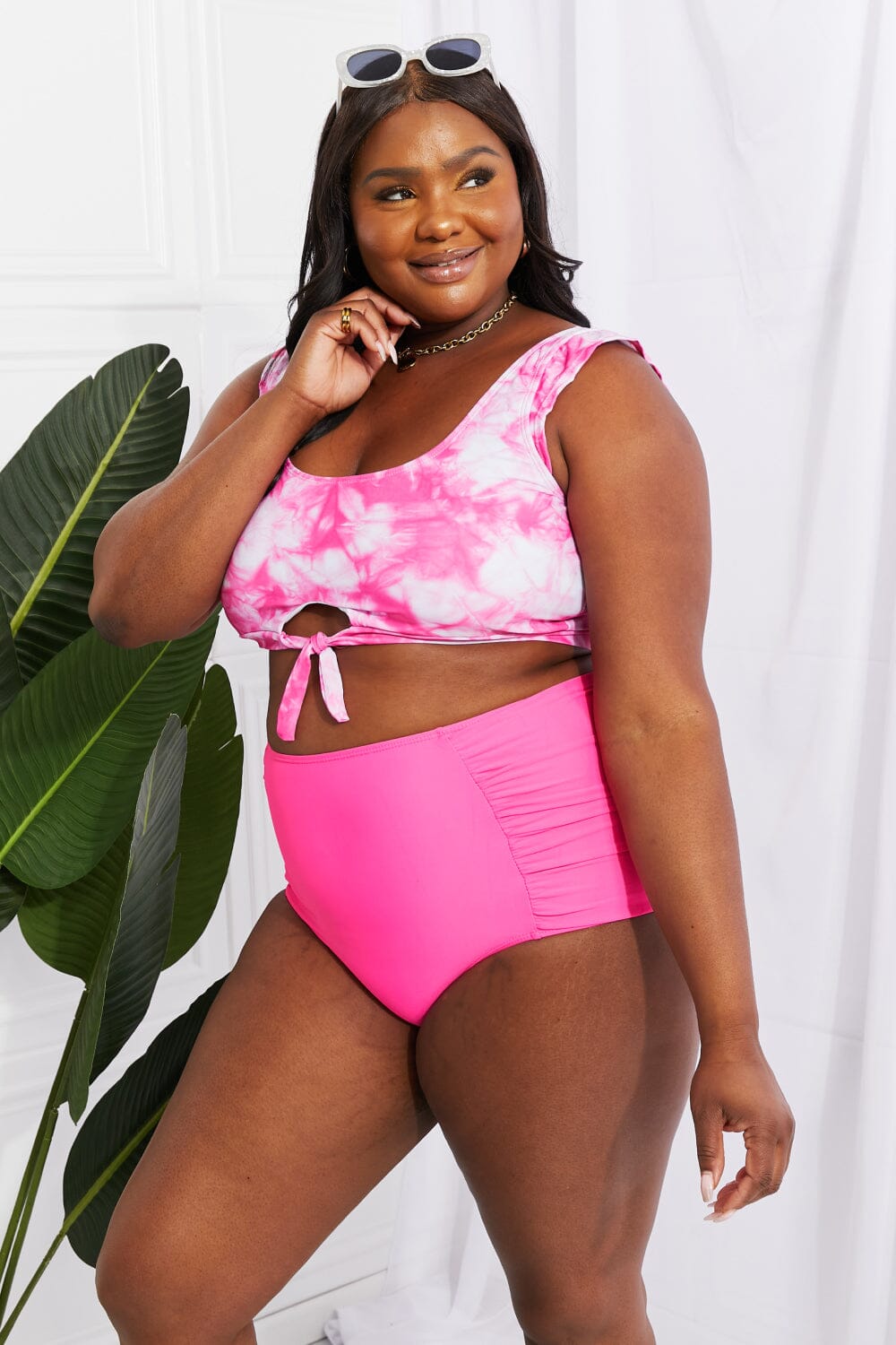 Marina West Swim Sanibel Crop Swim Top and Ruched Bottoms Set in Pink - Sydney So Sweet