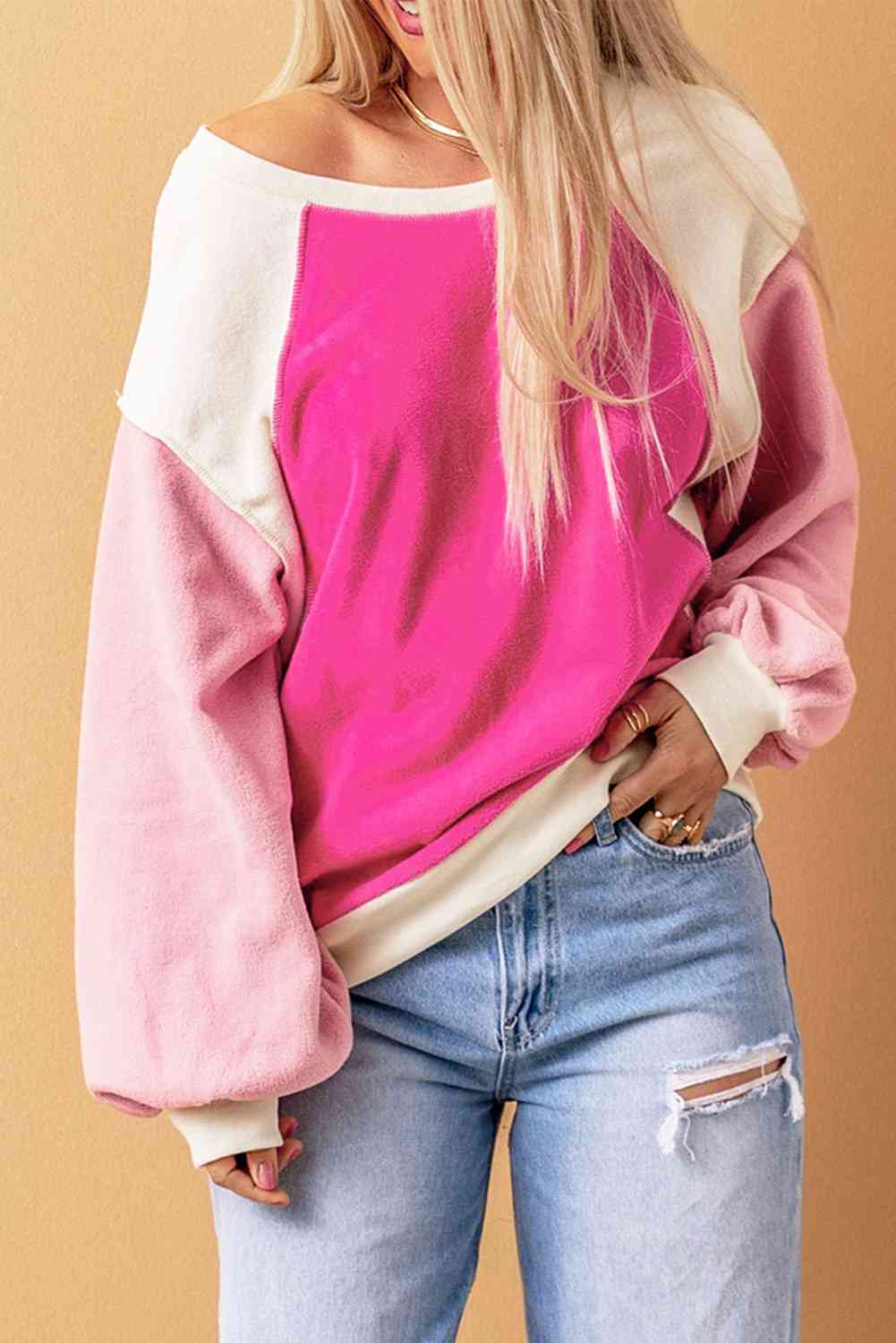 Round Neck Dropped Shoulder Color Block Sweatshirt - Sydney So Sweet