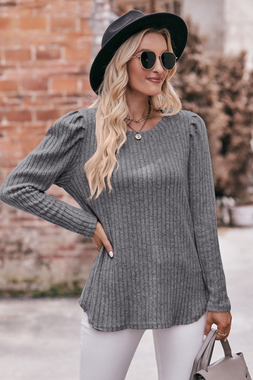 Round Neck Puff Sleeve Ribbed Top - Sydney So Sweet