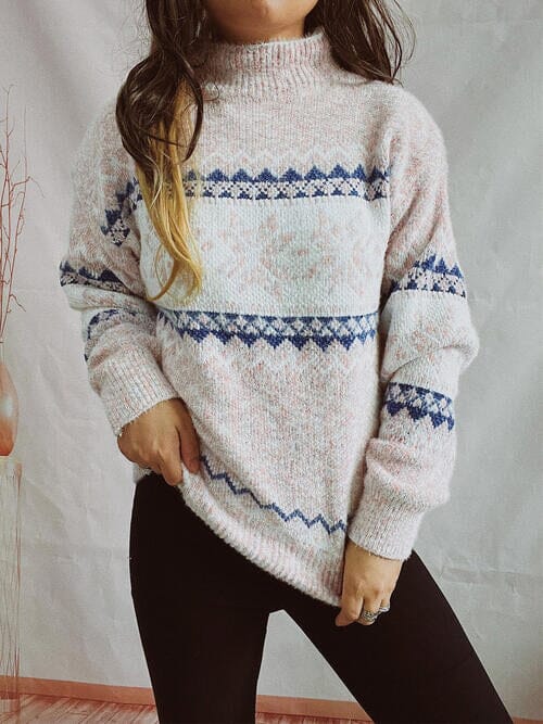 Geometric Mock Neck Dropped Shoulder Sweater - Sydney So Sweet