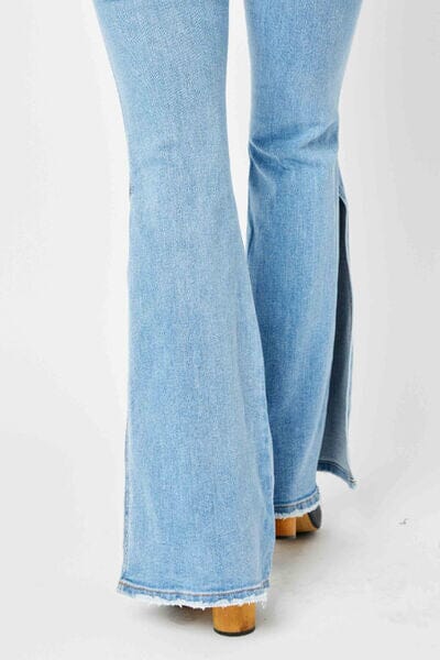 Judy Blue Full Size Mid Rise Raw Hem Slit Flare Jeans - Sydney So Sweet