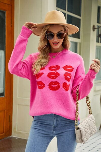 Contrast Lip Pattern Round Neck Slit Sweater - Sydney So Sweet